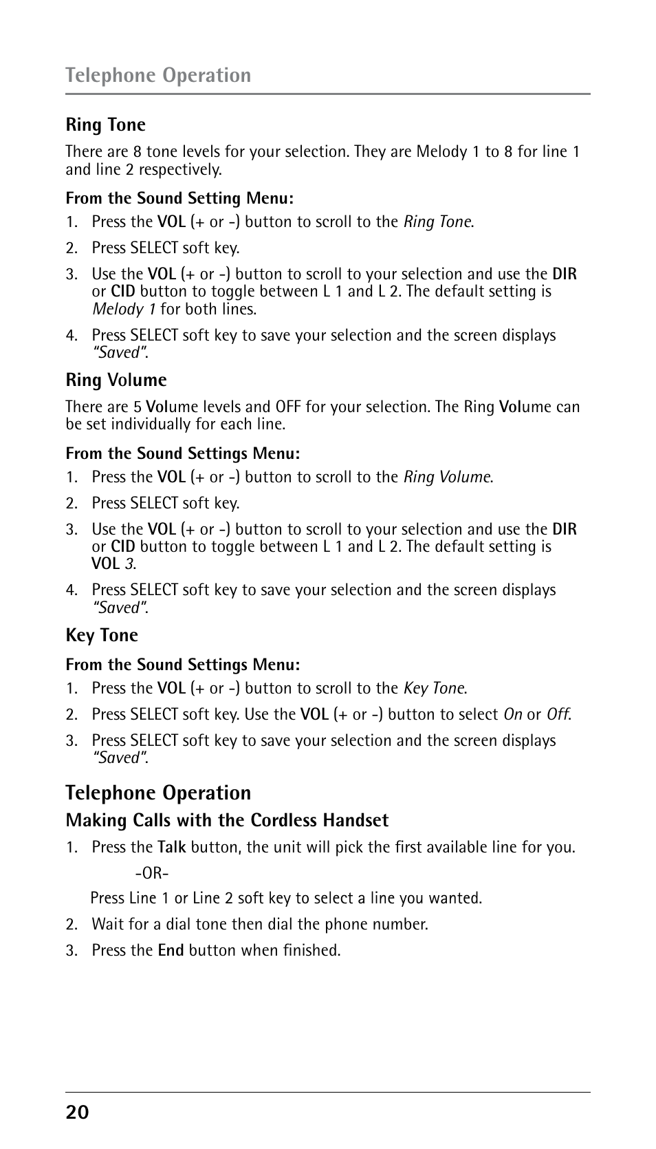Telephone operation | GE 25210 User Manual | Page 20 / 92