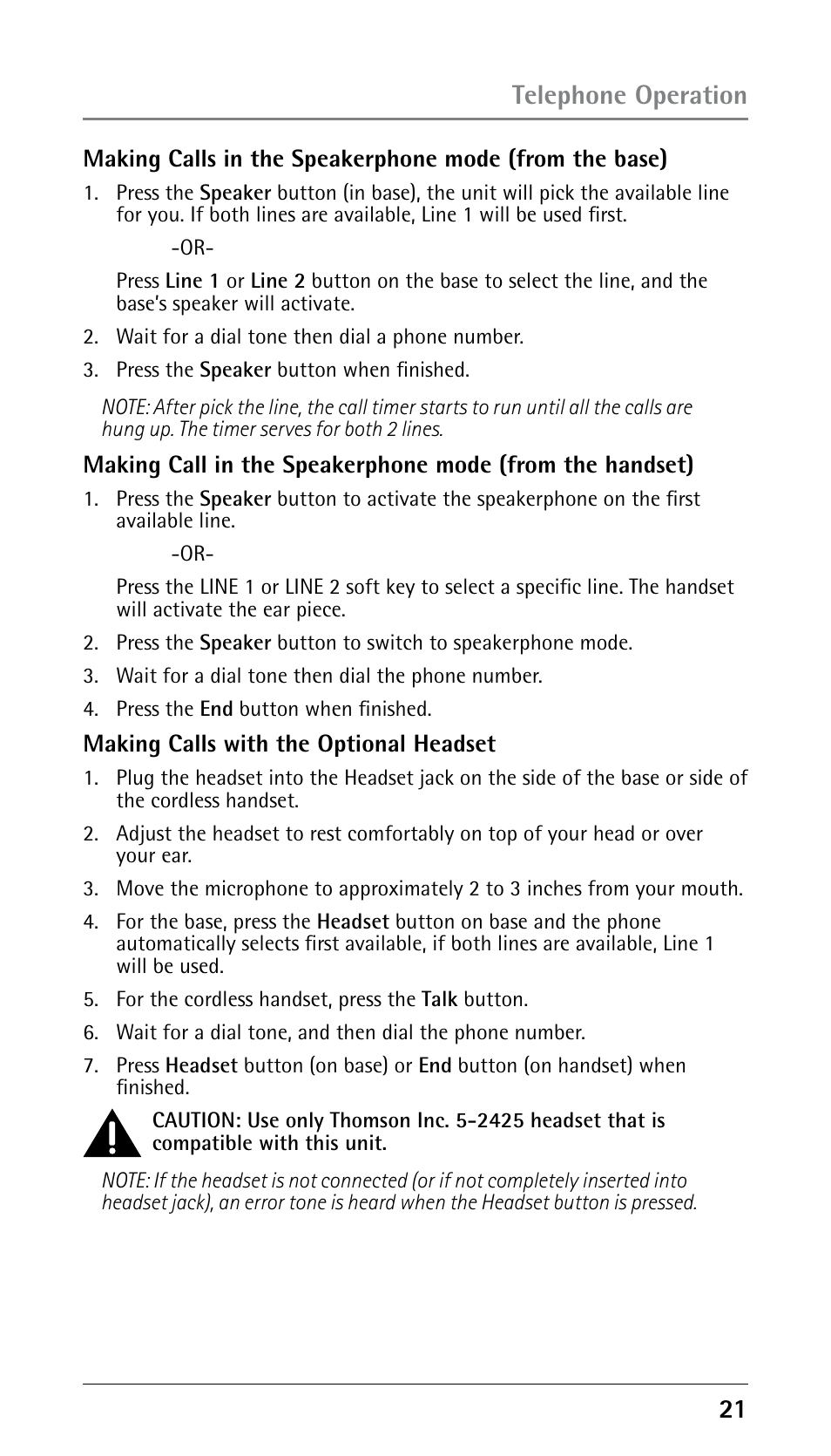 Telephone operation | GE 25210 User Manual | Page 21 / 92