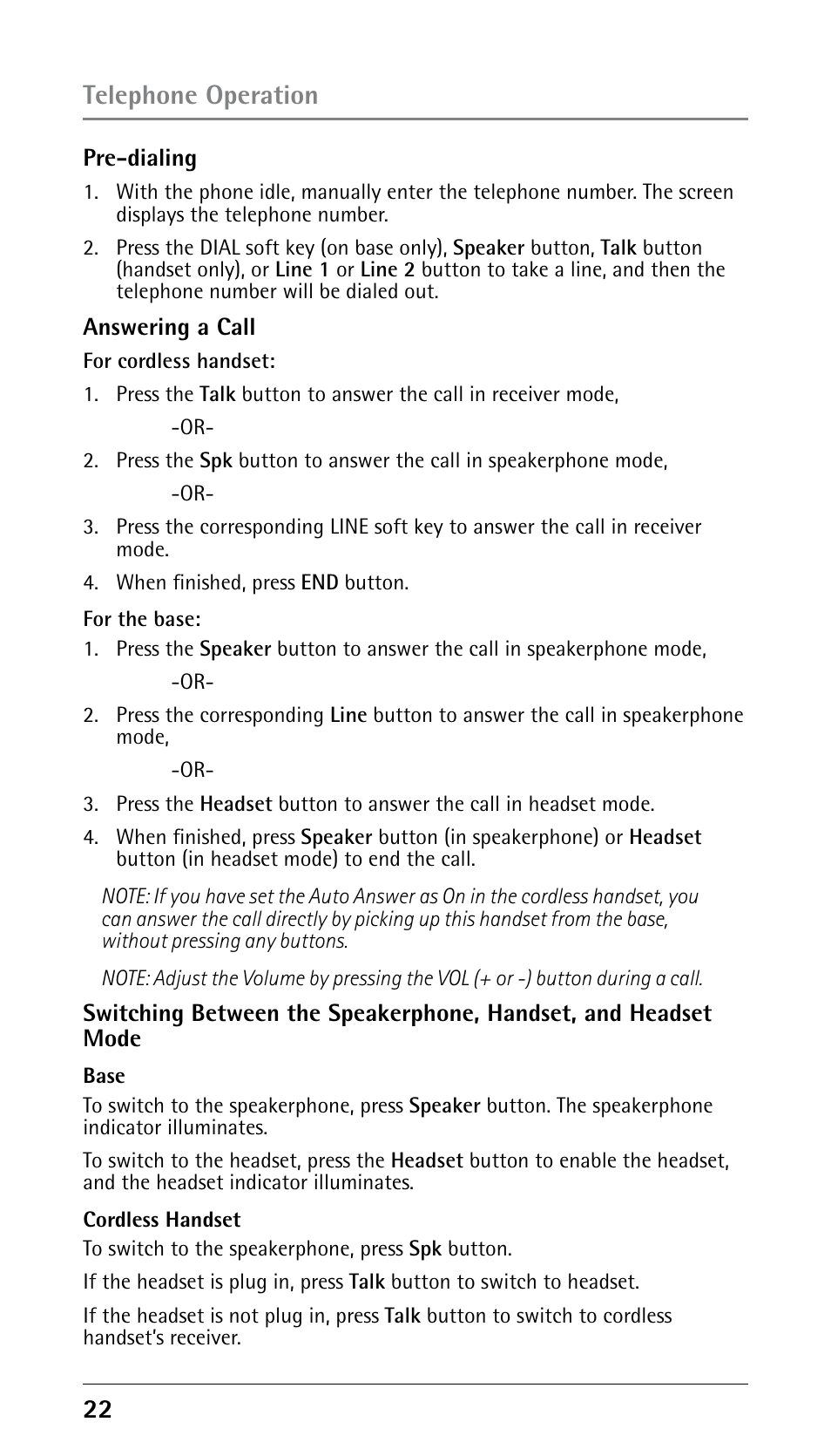 Telephone operation | GE 25210 User Manual | Page 22 / 92