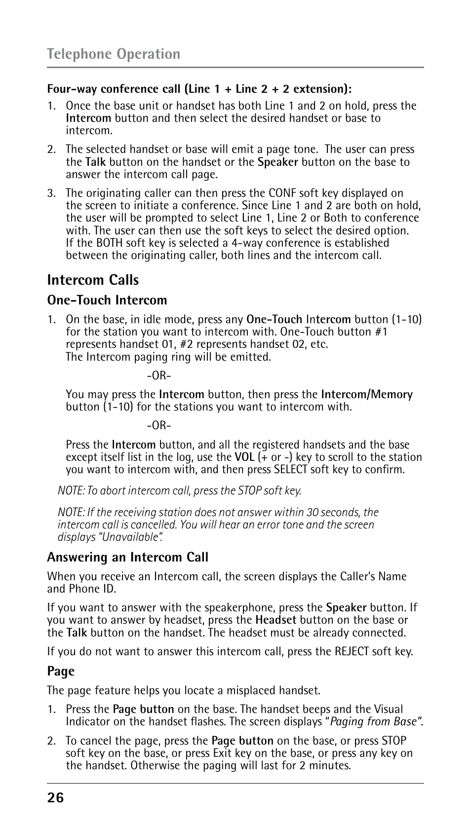 Intercom calls, Telephone operation | GE 25210 User Manual | Page 26 / 92