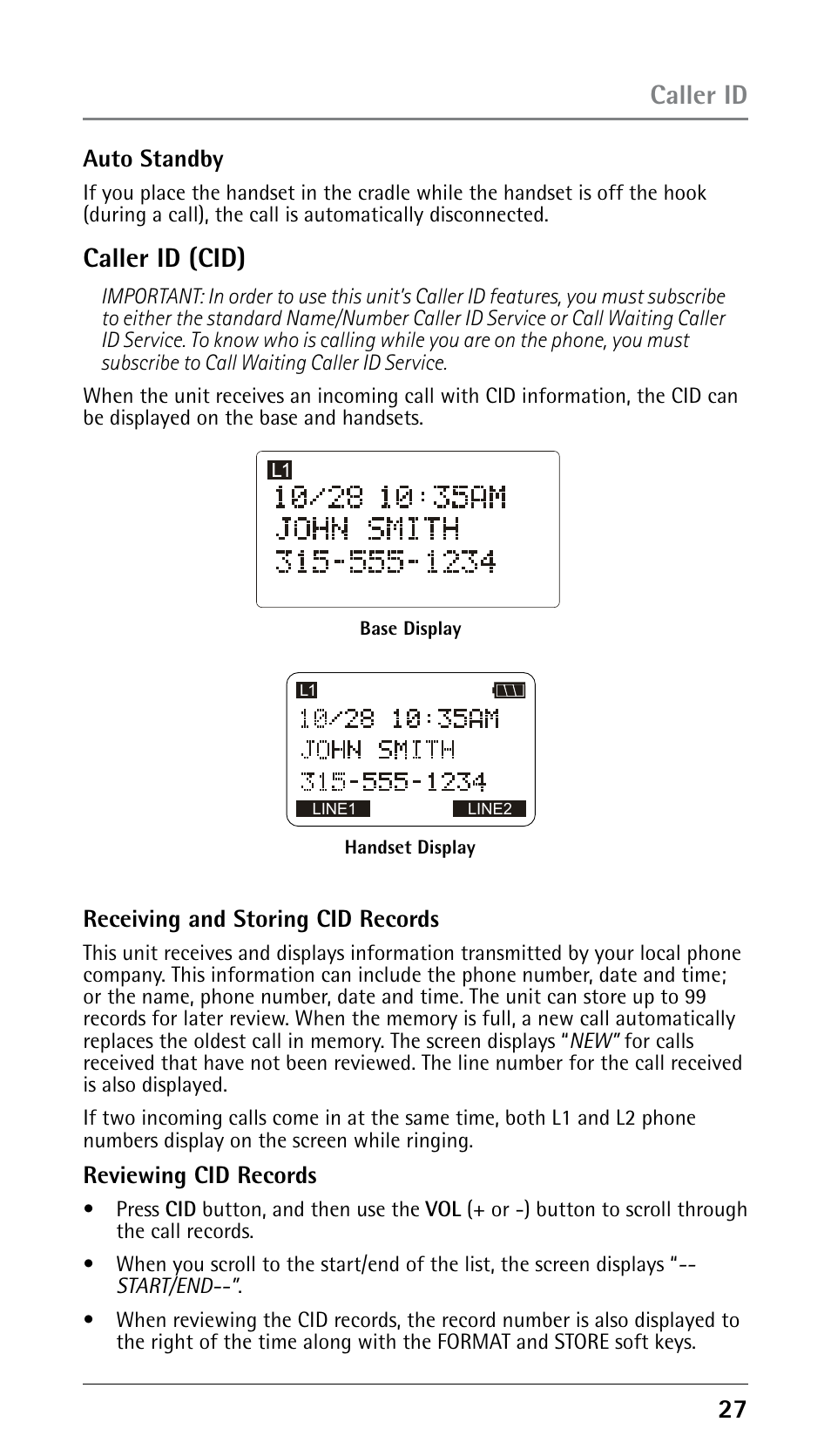 Caller id (cid), Caller id | GE 25210 User Manual | Page 27 / 92