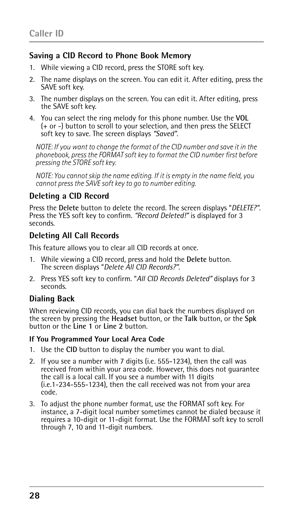 Caller id | GE 25210 User Manual | Page 28 / 92