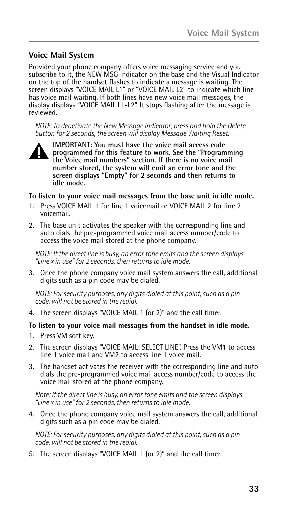 Voice mail system | GE 25210 User Manual | Page 33 / 92