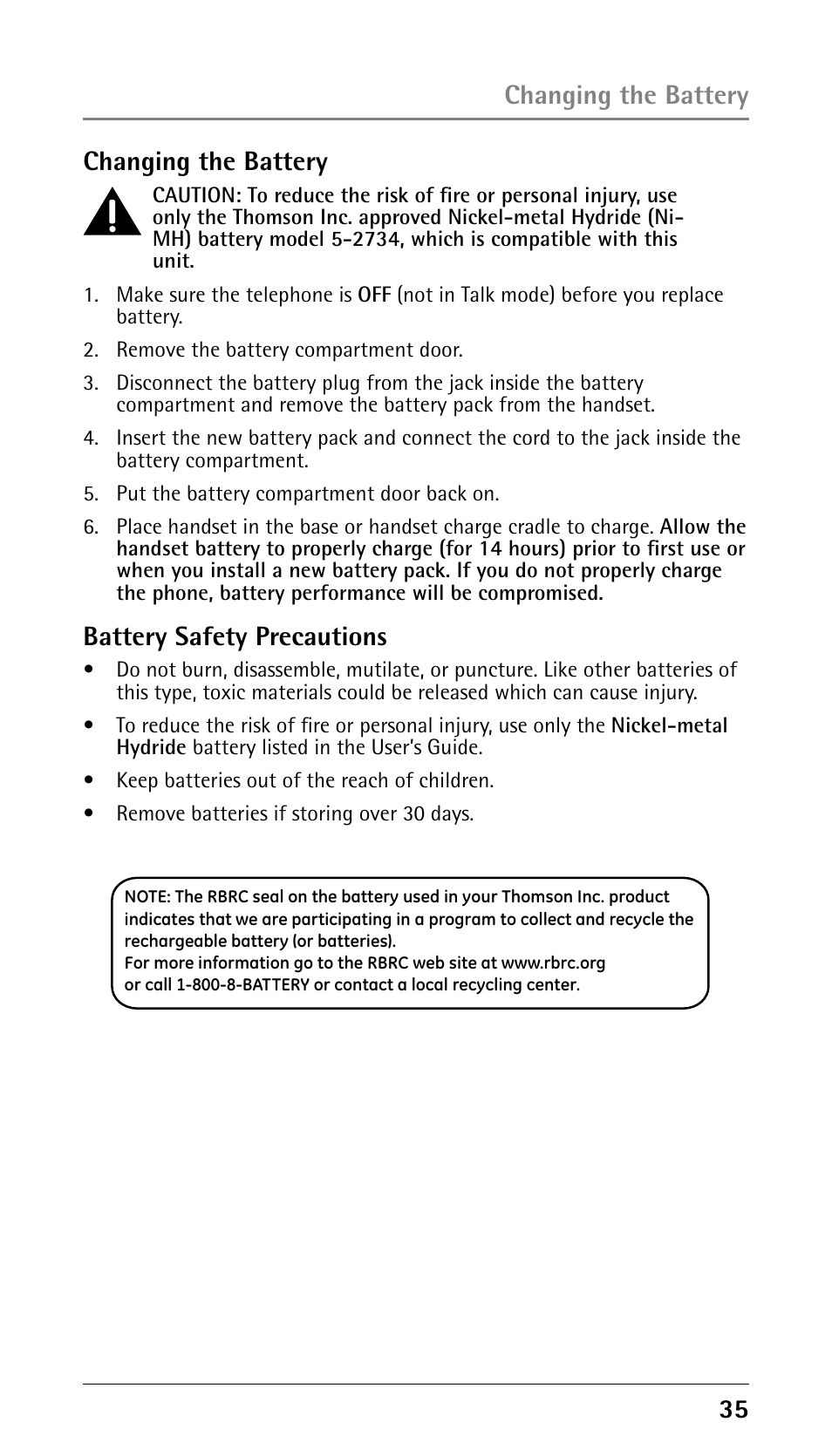 5 changing the battery, Battery safety precautions, Changing the battery | GE 25210 User Manual | Page 35 / 92