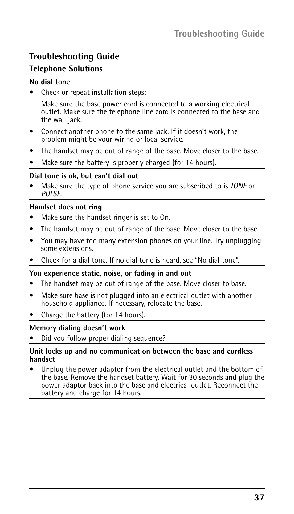 Troubleshooting guide | GE 25210 User Manual | Page 37 / 92