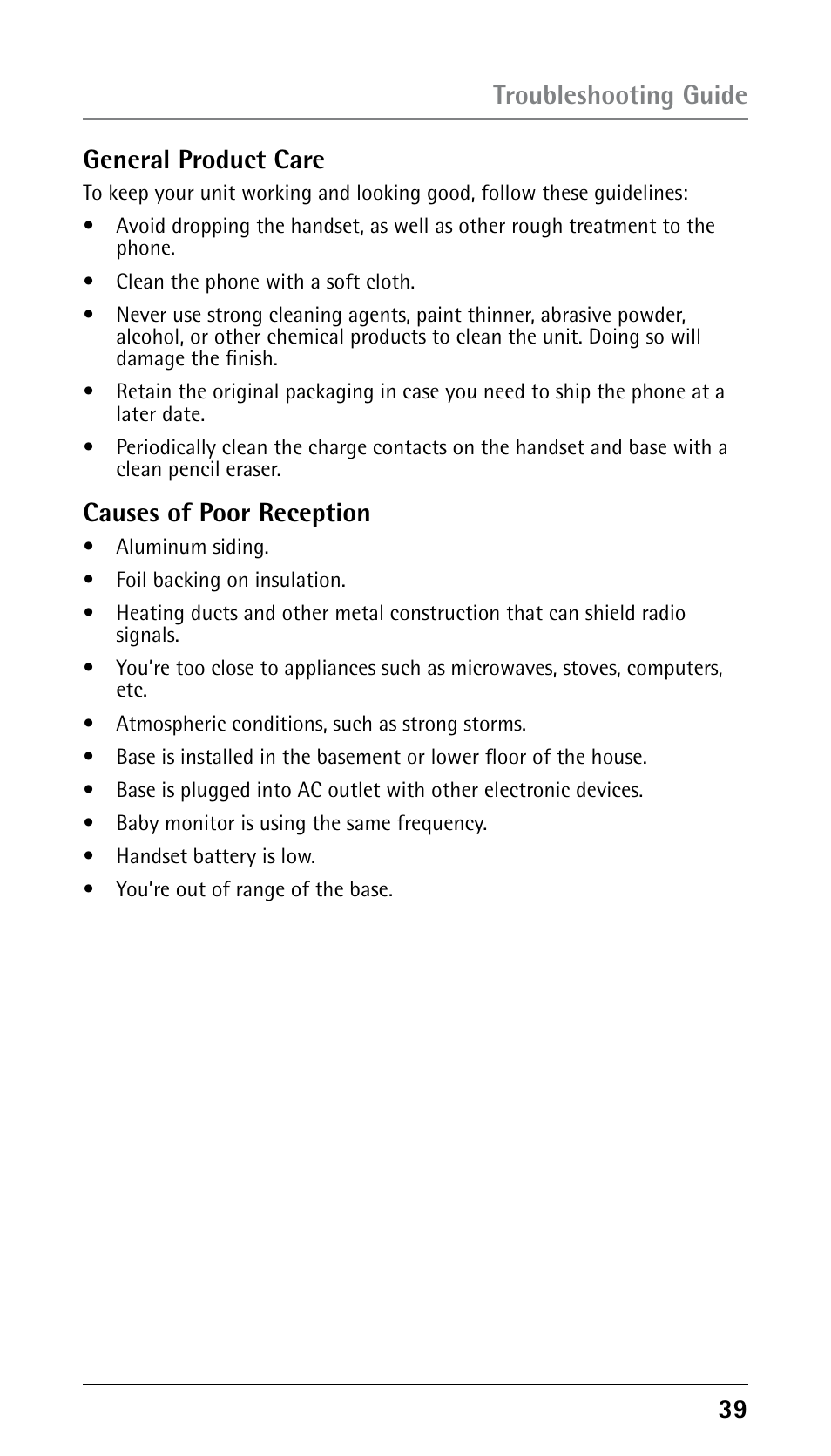 General product care, Causes of poor reception, Troubleshooting guide | GE 25210 User Manual | Page 39 / 92