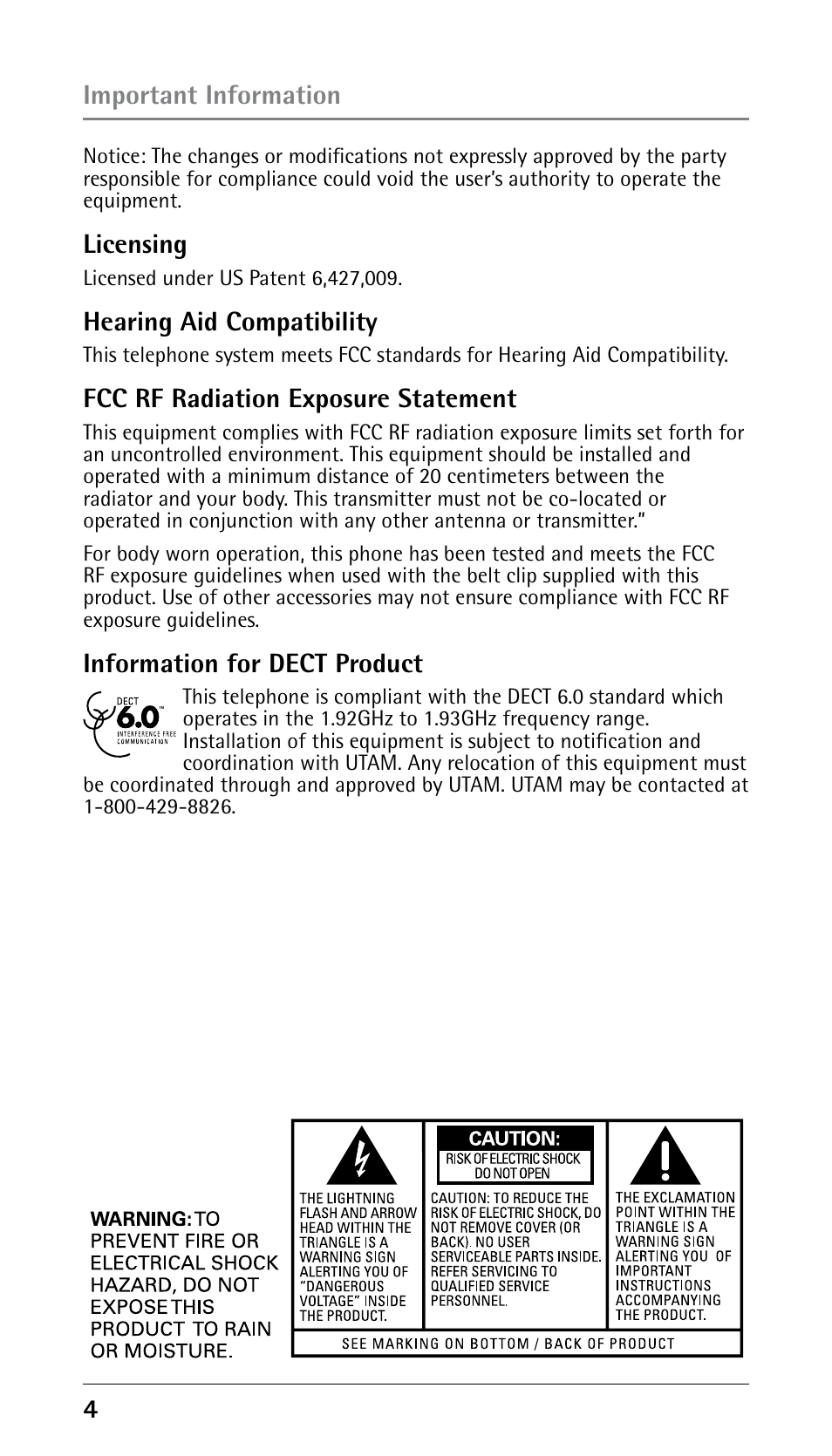 Licensing, Hearing aid compatibility, Fcc rf radiation exposure statement | Information for dect product, Important information | GE 25210 User Manual | Page 4 / 92