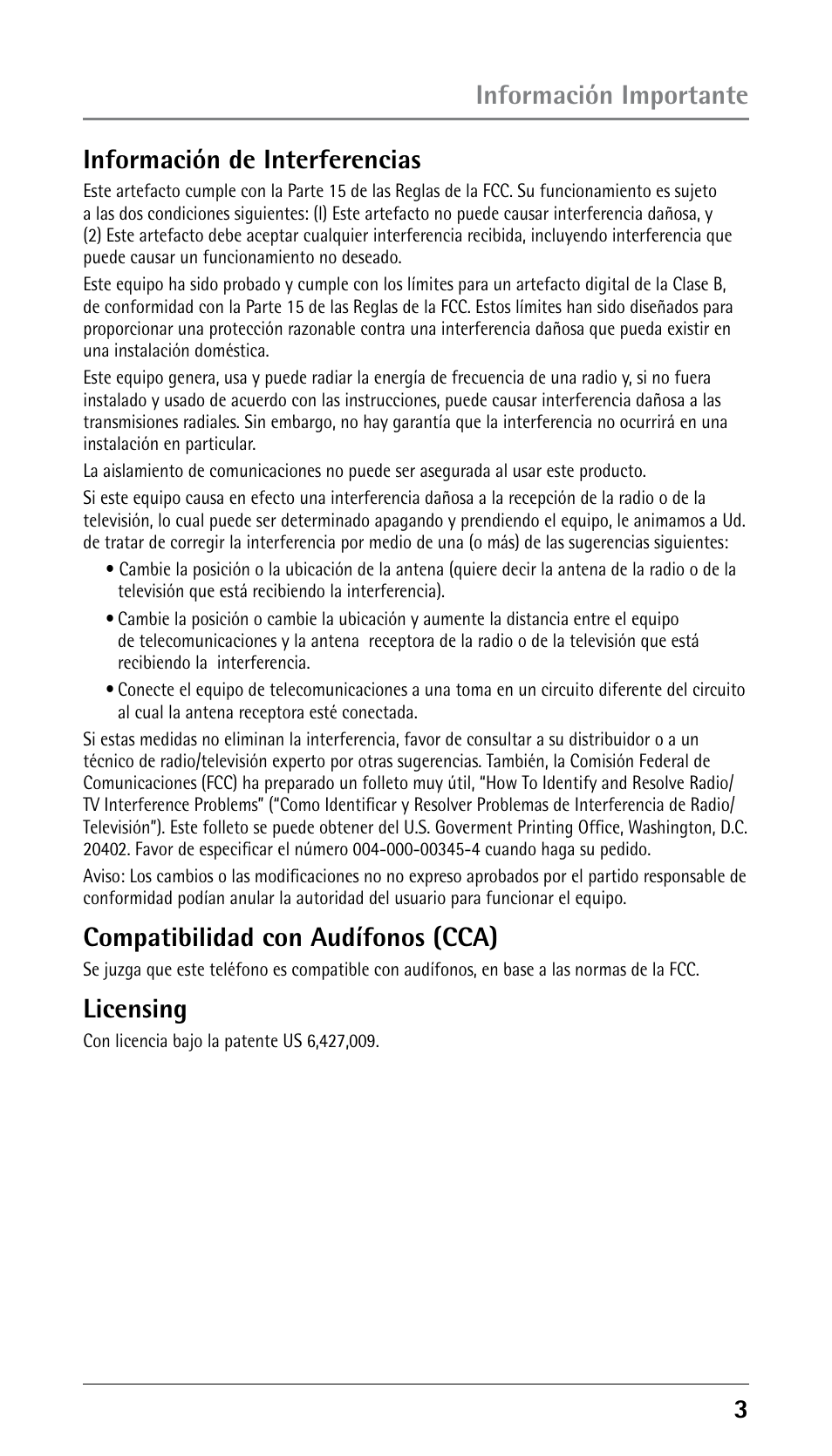 Compatibilidad con audífonos (cca), Licensing | GE 25210 User Manual | Page 49 / 92