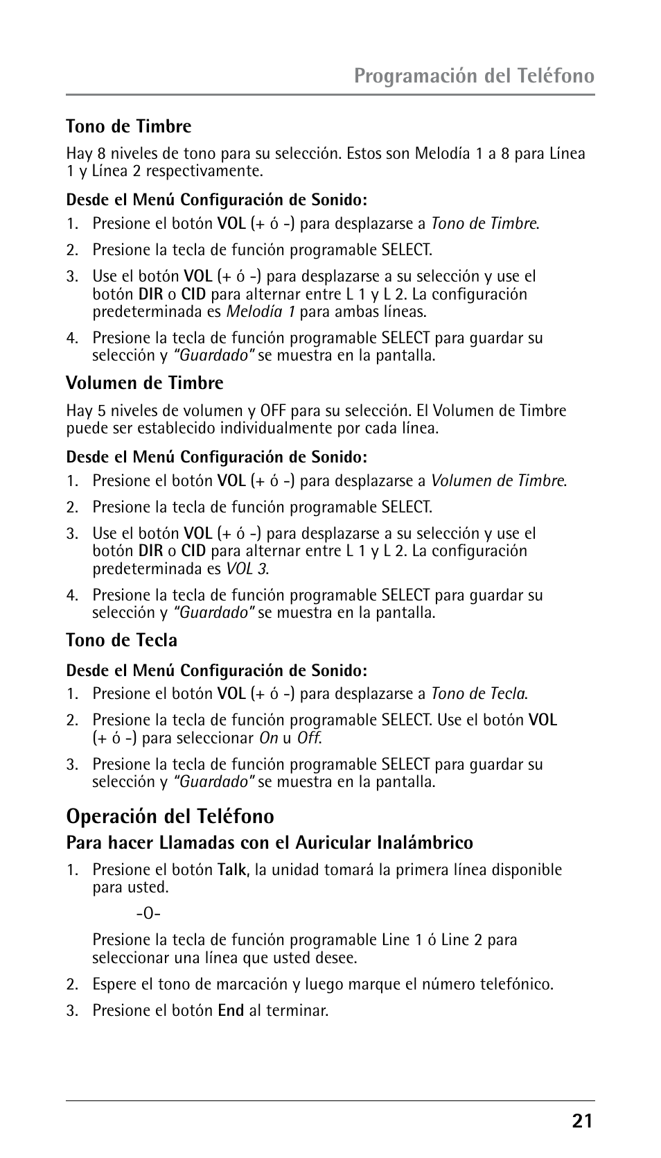 Operación del teléfono, Programación del teléfono | GE 25210 User Manual | Page 67 / 92