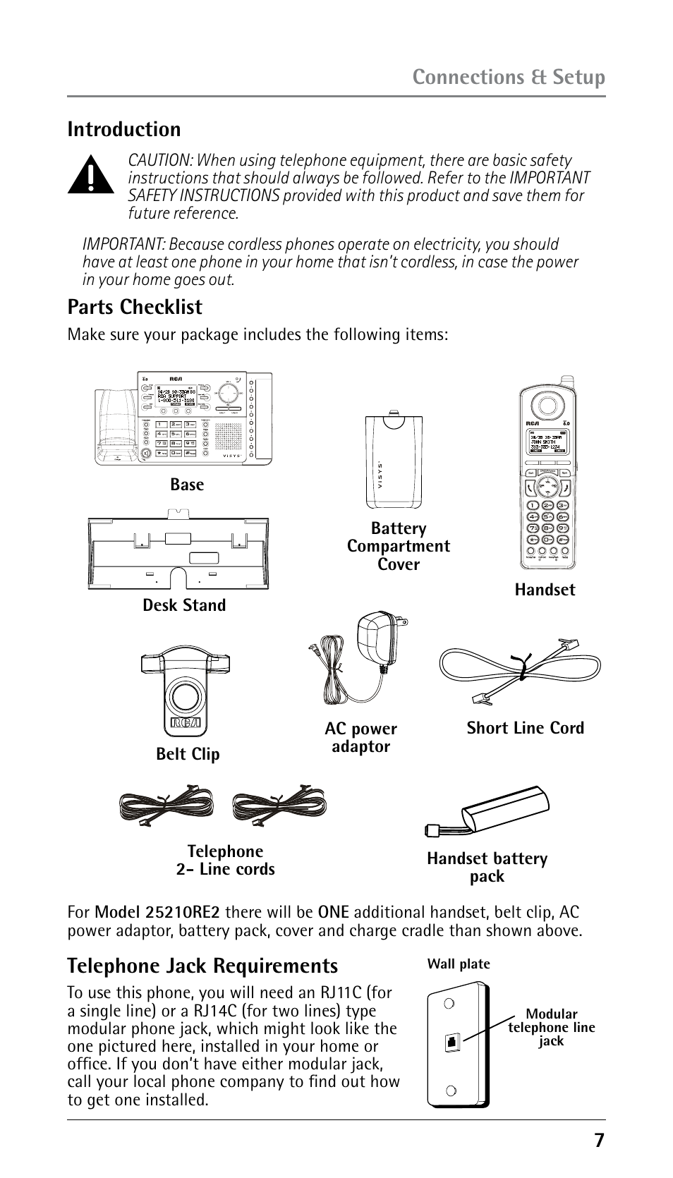 Introduction, Connections & setup parts checklist, Telephone jack requirements | GE 25210 User Manual | Page 7 / 92