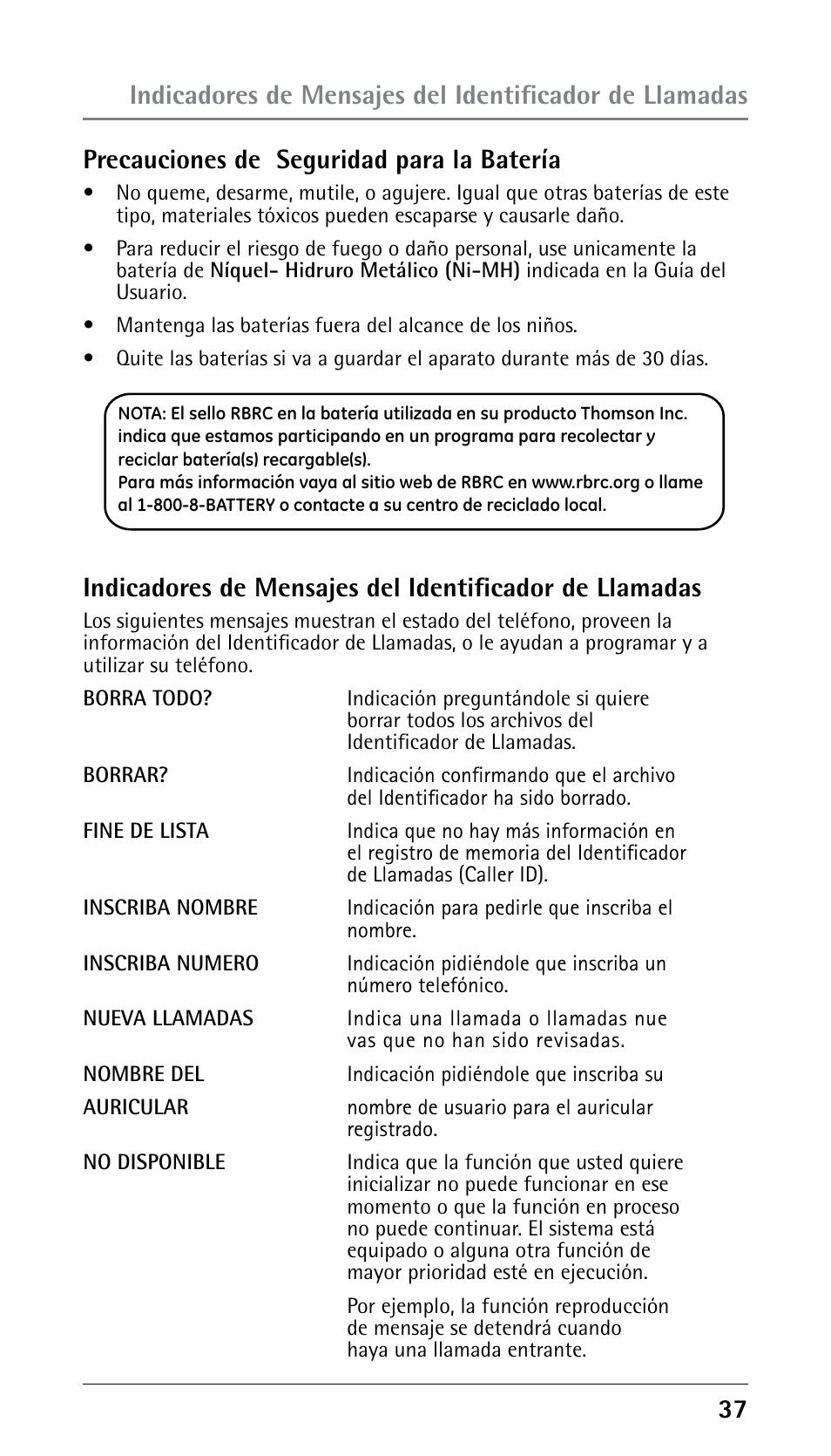 Precauciones de seguridad para la batería | GE 25210 User Manual | Page 83 / 92