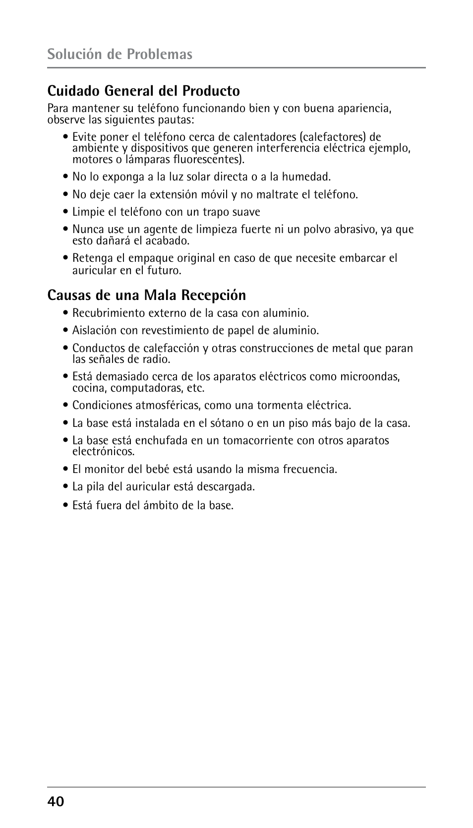 0 cuidado general del producto, Causas de una mala recepción, Solución de problemas | GE 25210 User Manual | Page 86 / 92