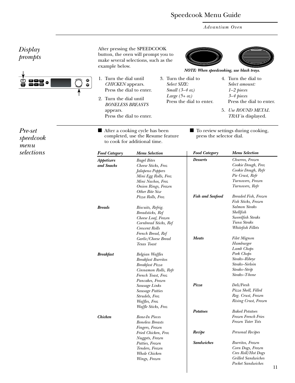 Speedcook menu guide, Micro express, Micro express , 23 | Display prompts, Pre-set speedcook menu selections, Advantium oven | GE SCB2000 User Manual | Page 11 / 44