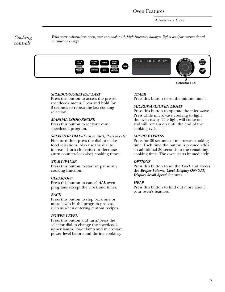 Cooking controls, Cooking controls oven features, 13 advantium oven | GE SCB2000 User Manual | Page 13 / 44