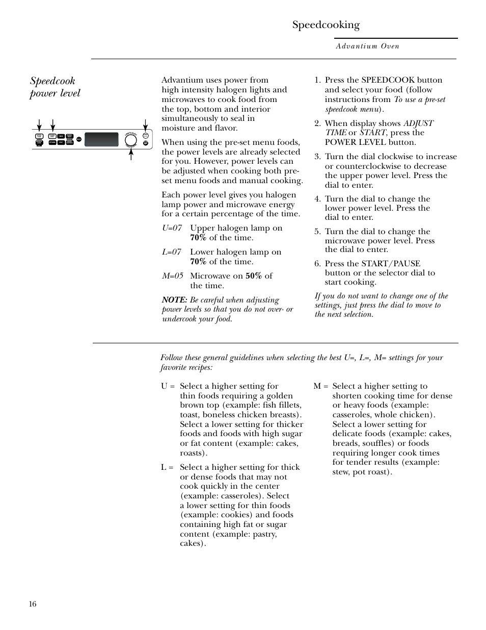 Power level, Speedcooking, Speedcook power level | Advantium oven | GE SCB2000 User Manual | Page 16 / 44