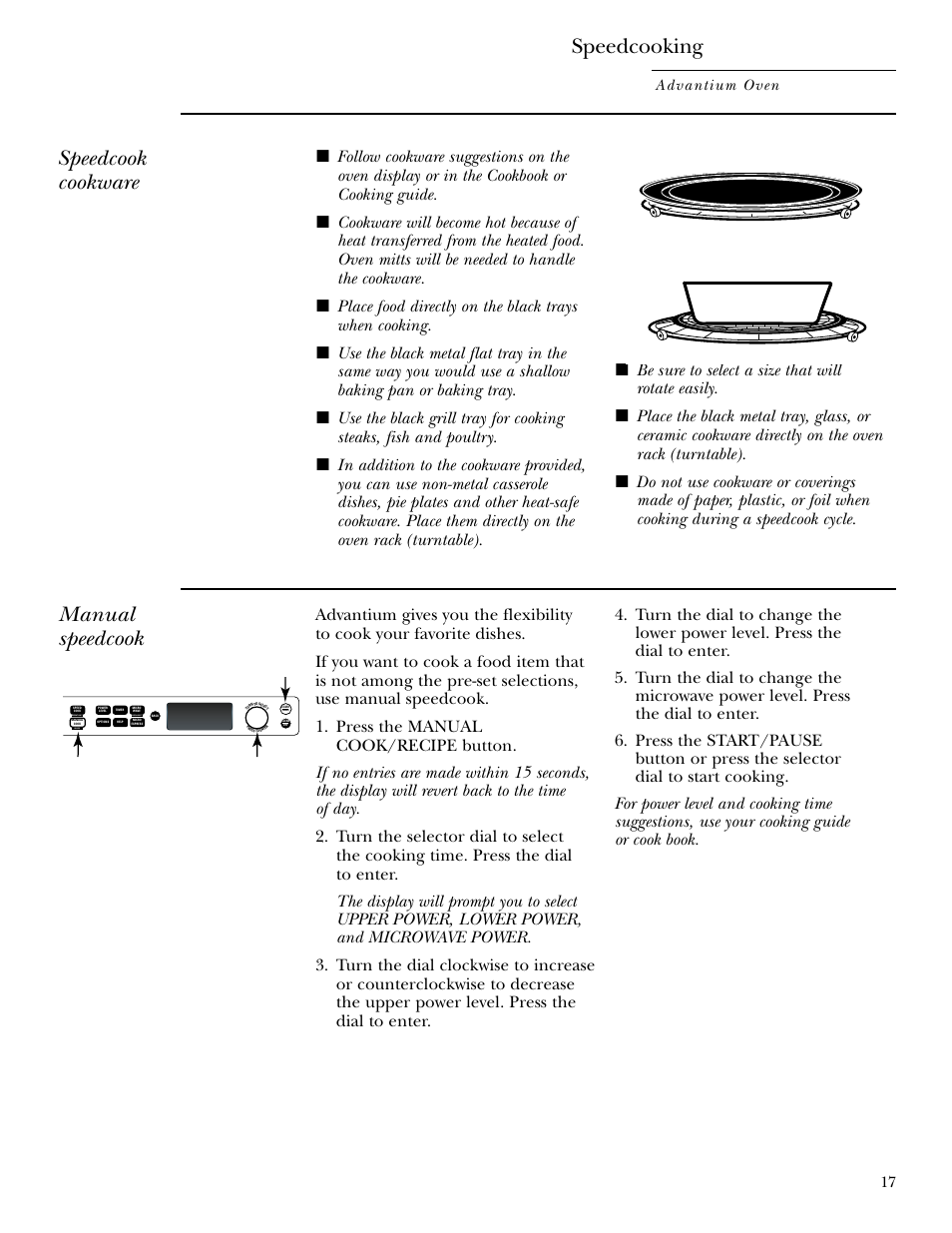 Manual speedcook, Speedcook cookware, Speedcooking | GE SCB2000 User Manual | Page 17 / 44