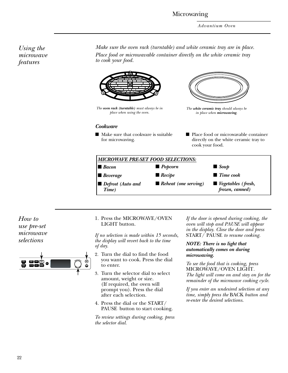Using pre-set microwave selections, Microwaving, Using the microwave features | How to use pre-set microwave selections, Cookware, Advantium oven | GE SCB2000 User Manual | Page 22 / 44