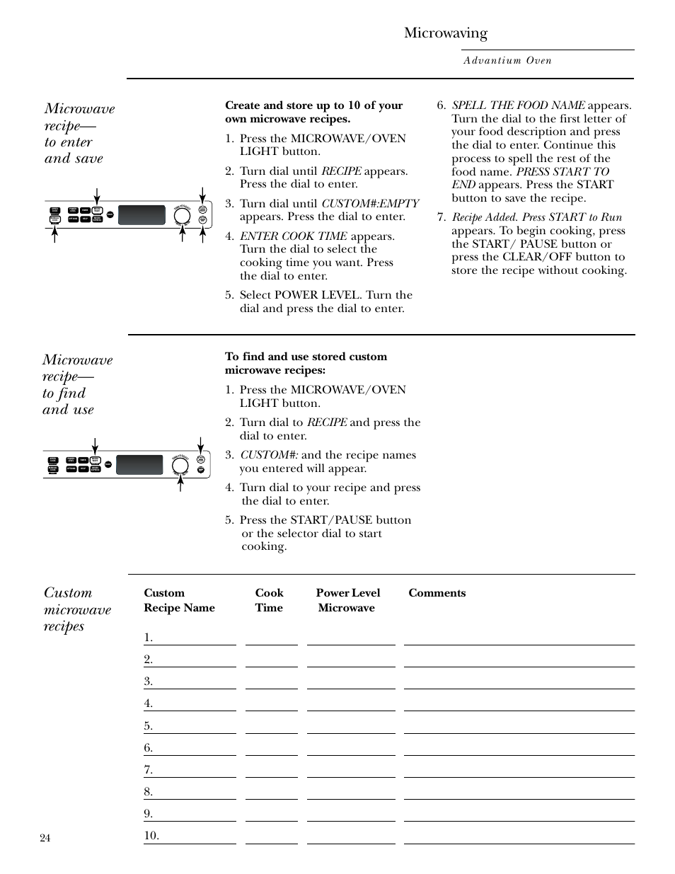 Custom microwave recipes, Custom microwave recipes , 25, Microwaving | Microwave recipe— to enter and save, Microwave recipe— to find and use, Advantium oven, Repeat last oven light recipe | GE SCB2000 User Manual | Page 24 / 44