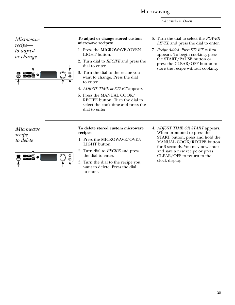Microwaving, Microwave recipe— to adjust or change, Microwave recipe— to delete | Advantium oven, Repeat last oven light recipe | GE SCB2000 User Manual | Page 25 / 44