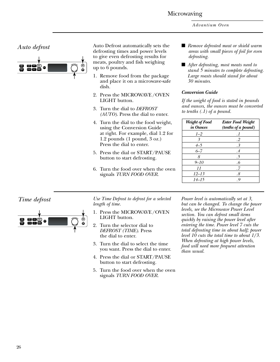 Defrost (auto), Defrost (time), Defrost (auto) defrost (time) | Microwaving, Auto defrost, Time defrost, Advantium oven, Repeat last oven light recipe | GE SCB2000 User Manual | Page 26 / 44