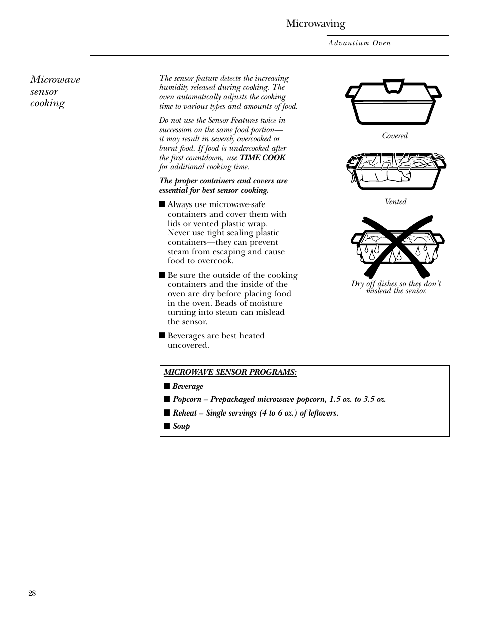 Sensor cooking, Sensor cooking , 29, Microwaving | Microwave sensor cooking | GE SCB2000 User Manual | Page 28 / 44