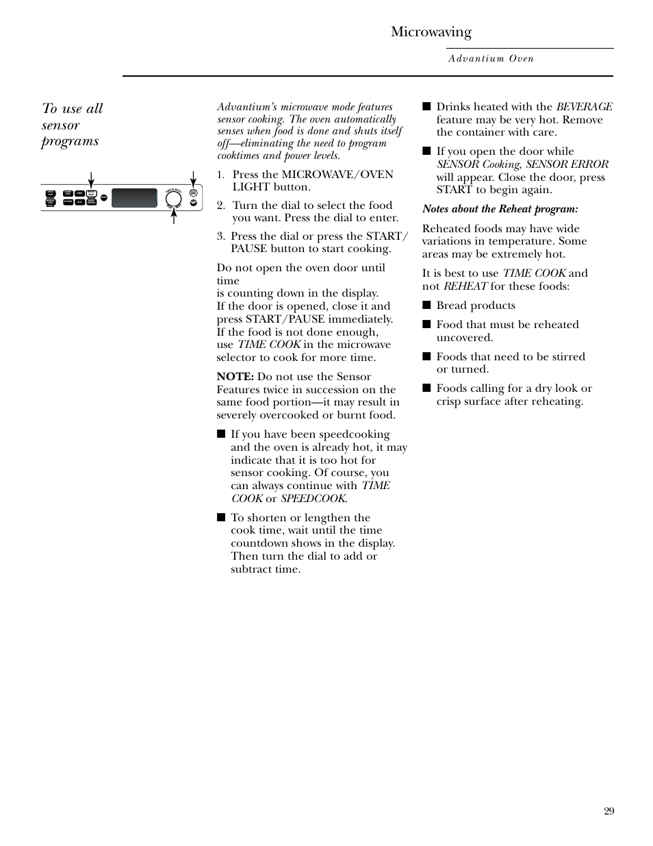 Microwaving, Advantium oven | GE SCB2000 User Manual | Page 29 / 44