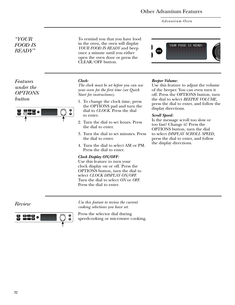 Beeper volume, Display on/off, Review | Scroll speed, Review scroll speed, Other advantium features, Your food is ready, Features under the options button, Advantium oven, Repeat last oven light recipe | GE SCB2000 User Manual | Page 32 / 44
