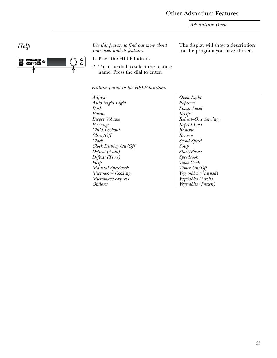Help, Other advantium features, Advantium oven | Repeat last oven light recipe | GE SCB2000 User Manual | Page 33 / 44