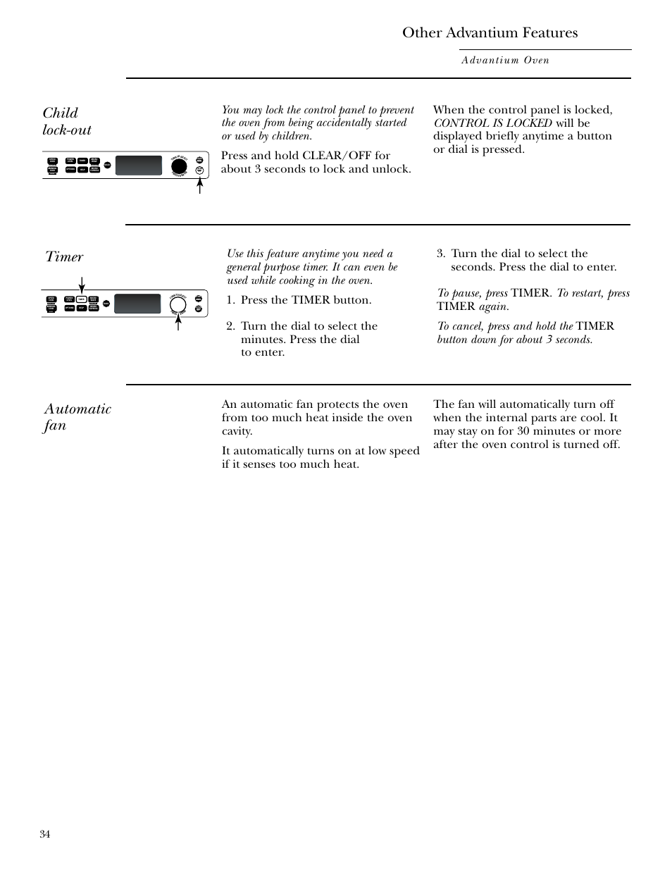 Automatic fan, Child lockout, Timer | Other advantium features, Child lock-out, Advantium oven, Repeat last oven light recipe | GE SCB2000 User Manual | Page 34 / 44