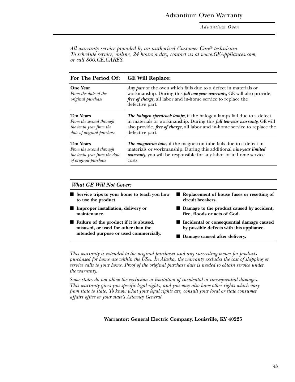 Warranty, Advantium oven warranty | GE SCB2000 User Manual | Page 43 / 44