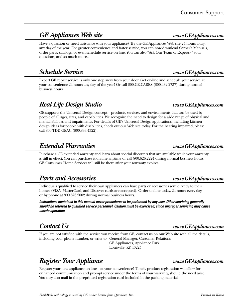 Service phone numbers, Service phone numbers . . . .back cover, Ge appliances web site | Schedule service, Real life design studio, Extended warranties, Parts and accessories, Contact us, Register your appliance | GE SCB2000 User Manual | Page 44 / 44