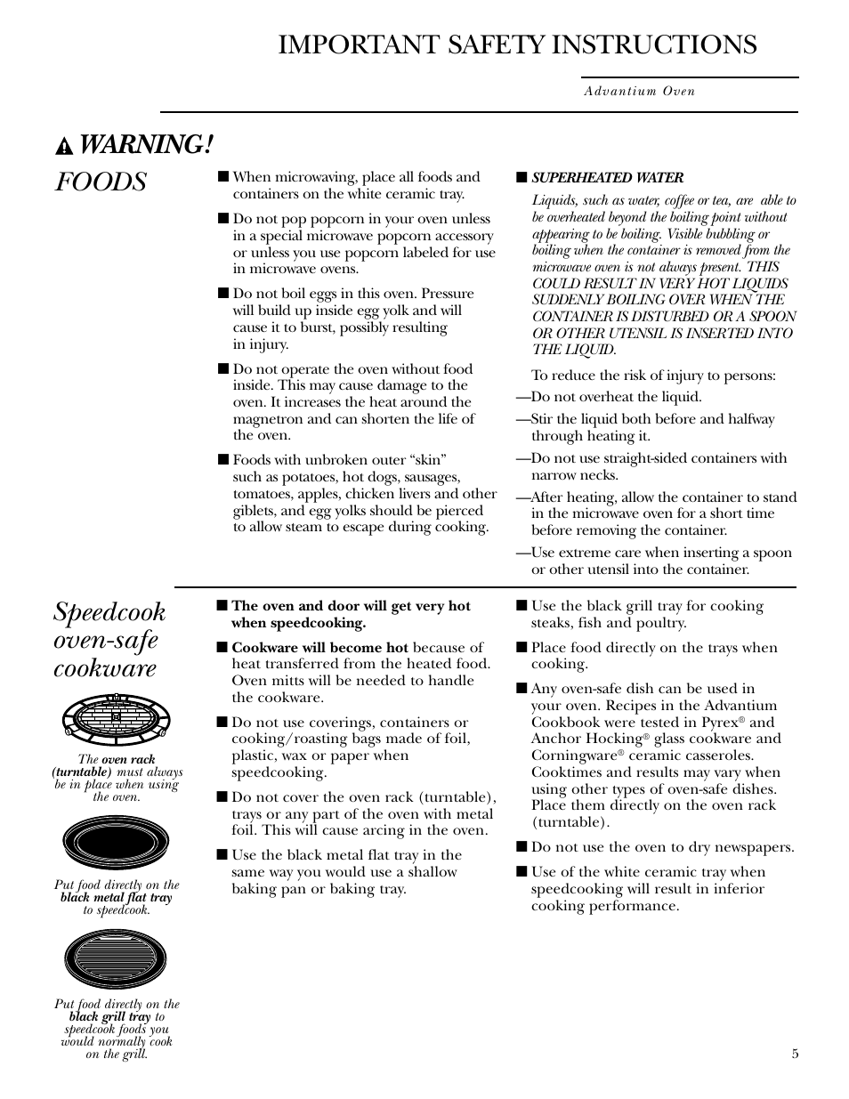 Speedcook-safe cookware, Warning, Foods speedcook oven-safe cookware | Important safety instructions | GE SCB2000 User Manual | Page 5 / 44