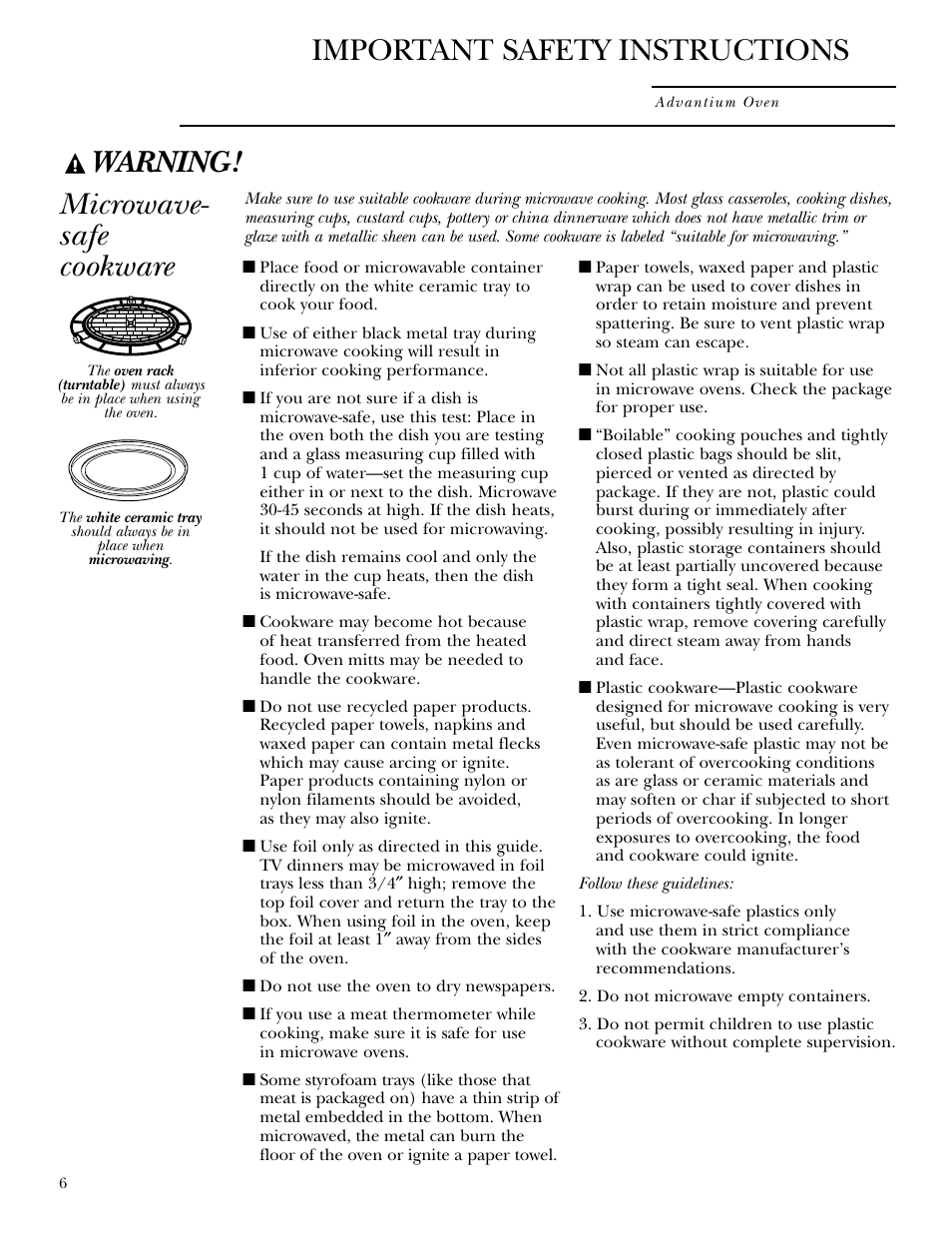 Microwave-safe cookware, Warning, Microwave- safe cookware | Important safety instructions | GE SCB2000 User Manual | Page 6 / 44