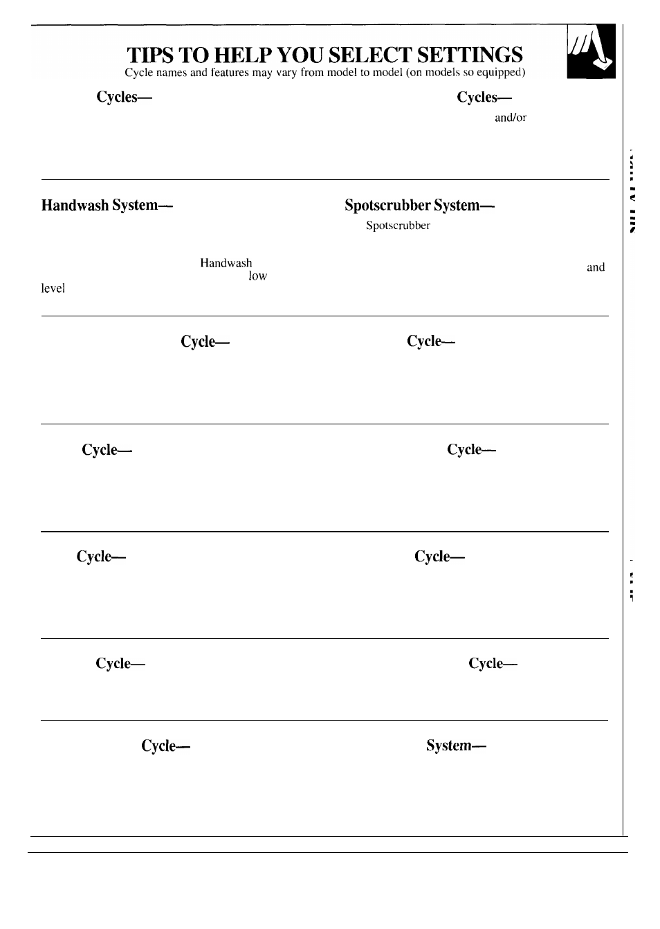 Regular permanent press, Optional extra rinse prewash, Knits extra cleaning | Soak auto soak, Delicate washable woolens, Washable silks mini-basket | GE WA9895S User Manual | Page 5 / 28