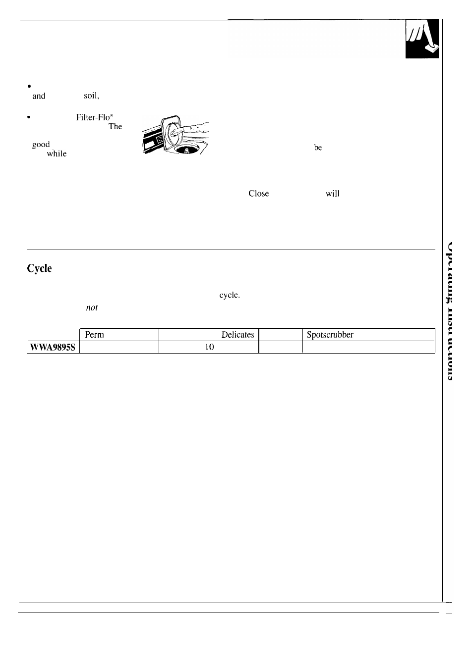 Filter, Pan , 9, 11, 12,24, Loading the washer , 15 | Sorting clothes , 14, Sorting and loading, Times — total cycle times (approximate minutes) | GE WA9895S User Manual | Page 7 / 28