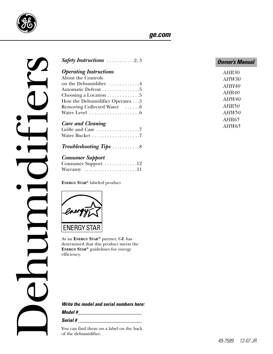 GE AHW30 User Manual | 24 pages