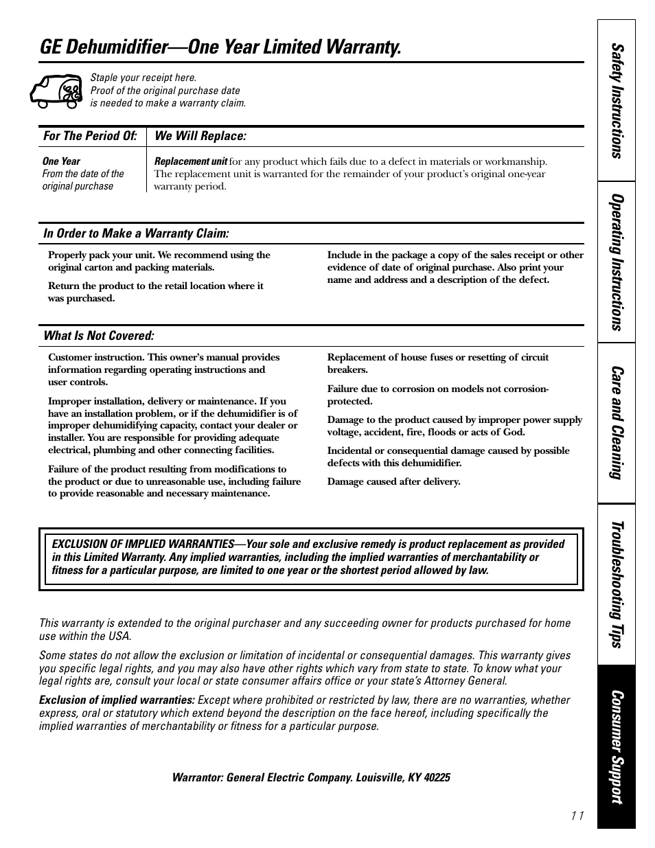 Warranty, Ge dehumidifier—one year limited warranty | GE AHW30 User Manual | Page 11 / 24