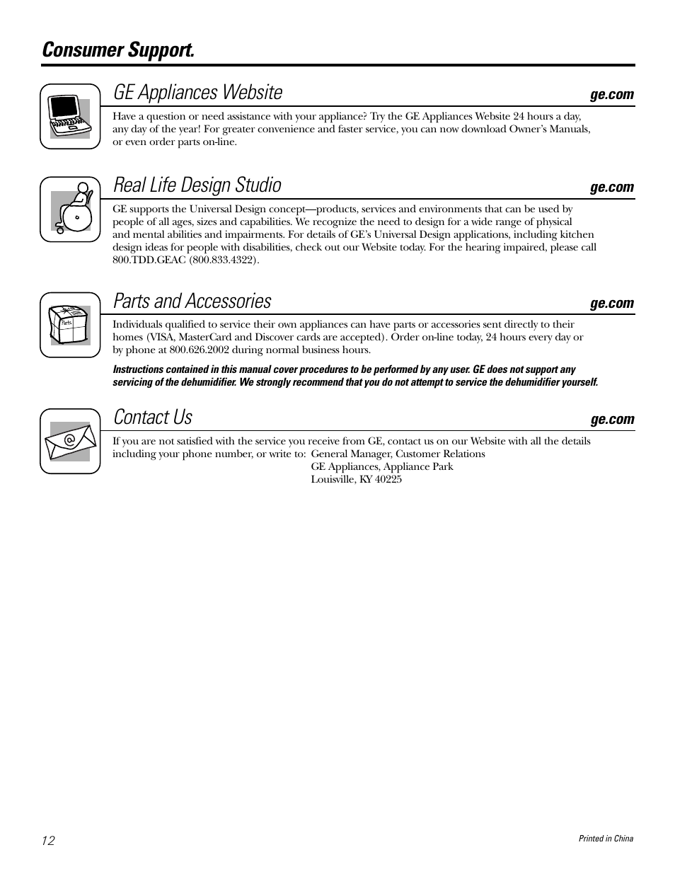 Consumer support, Consumer support. ge appliances website, Real life design studio | Parts and accessories, Contact us | GE AHW30 User Manual | Page 12 / 24