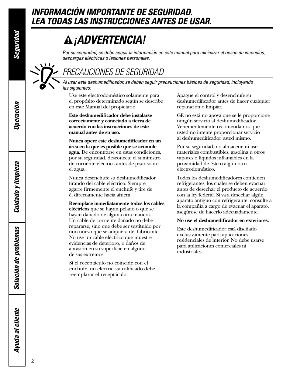 Instrucciones de seguridad, Advertencia, Precauciones de seguridad | GE AHW30 User Manual | Page 14 / 24