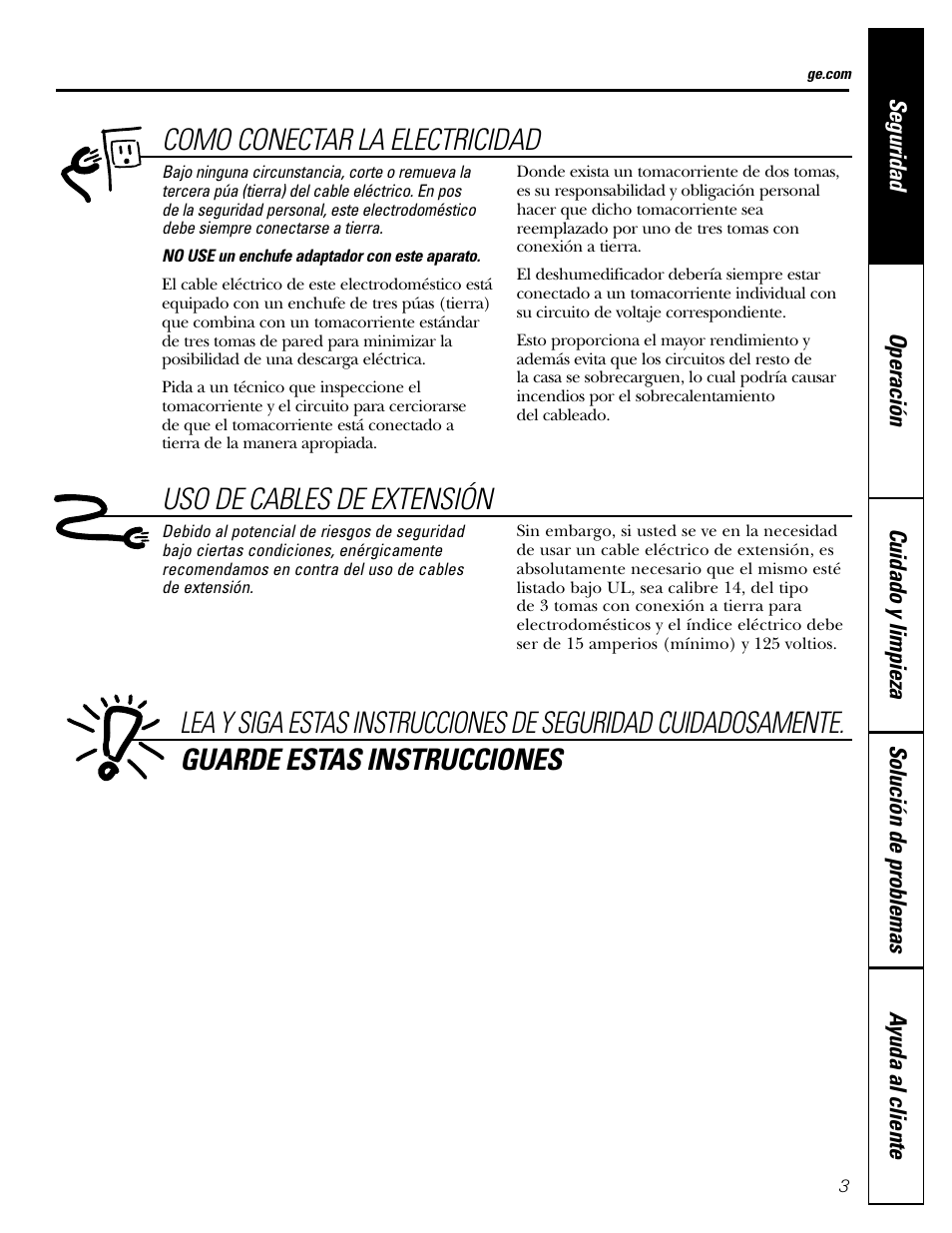 Uso de cables de extensión | GE AHW30 User Manual | Page 15 / 24