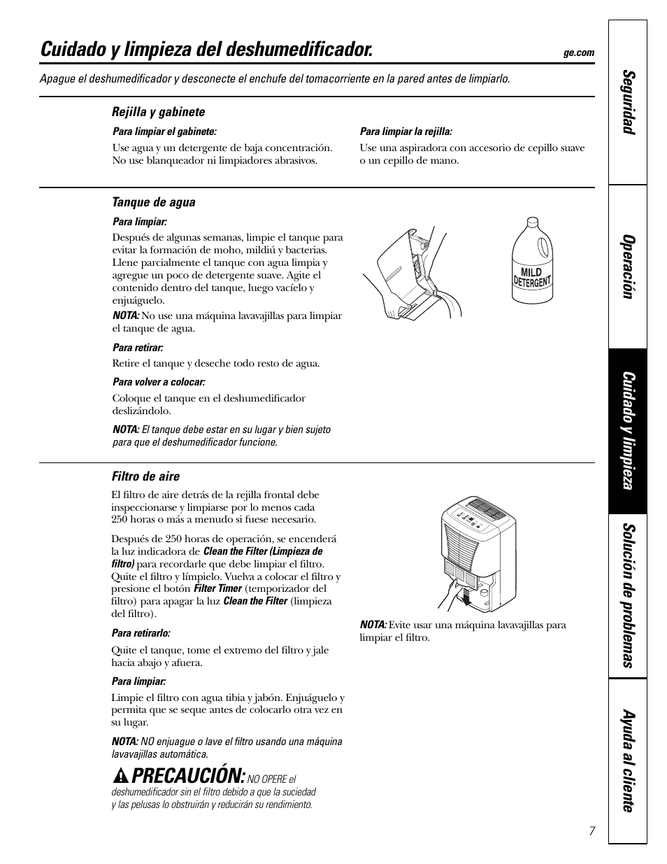 Rejilla y gabinete, Tanque de agua, Rejilla y gabinete tanque de agua | Cuidado y limpieza del deshumedificador, Precaución | GE AHW30 User Manual | Page 19 / 24