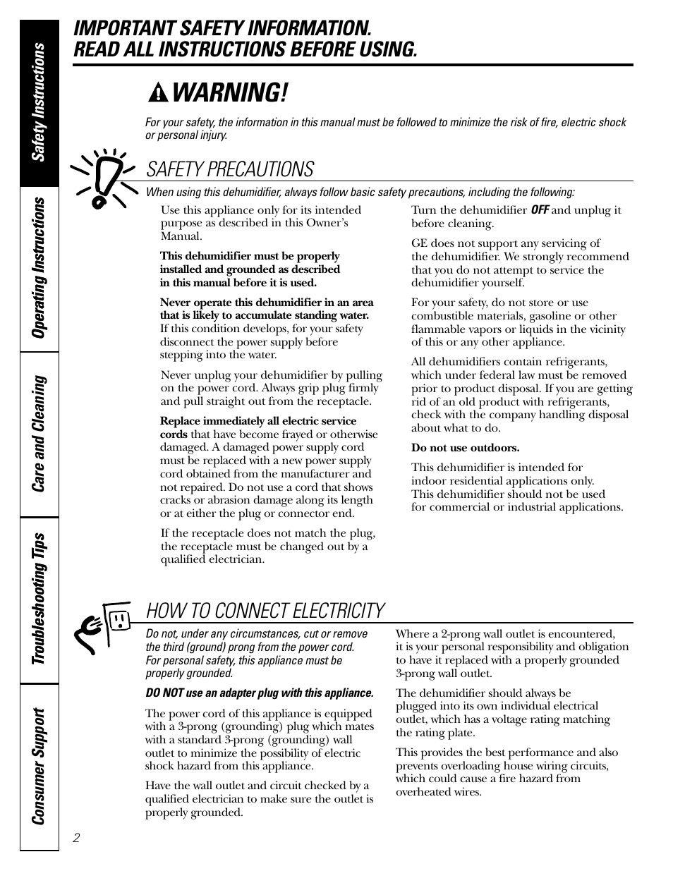 Safety instructions, Warning, Safety precautions | How to connect electricity | GE AHW30 User Manual | Page 2 / 24