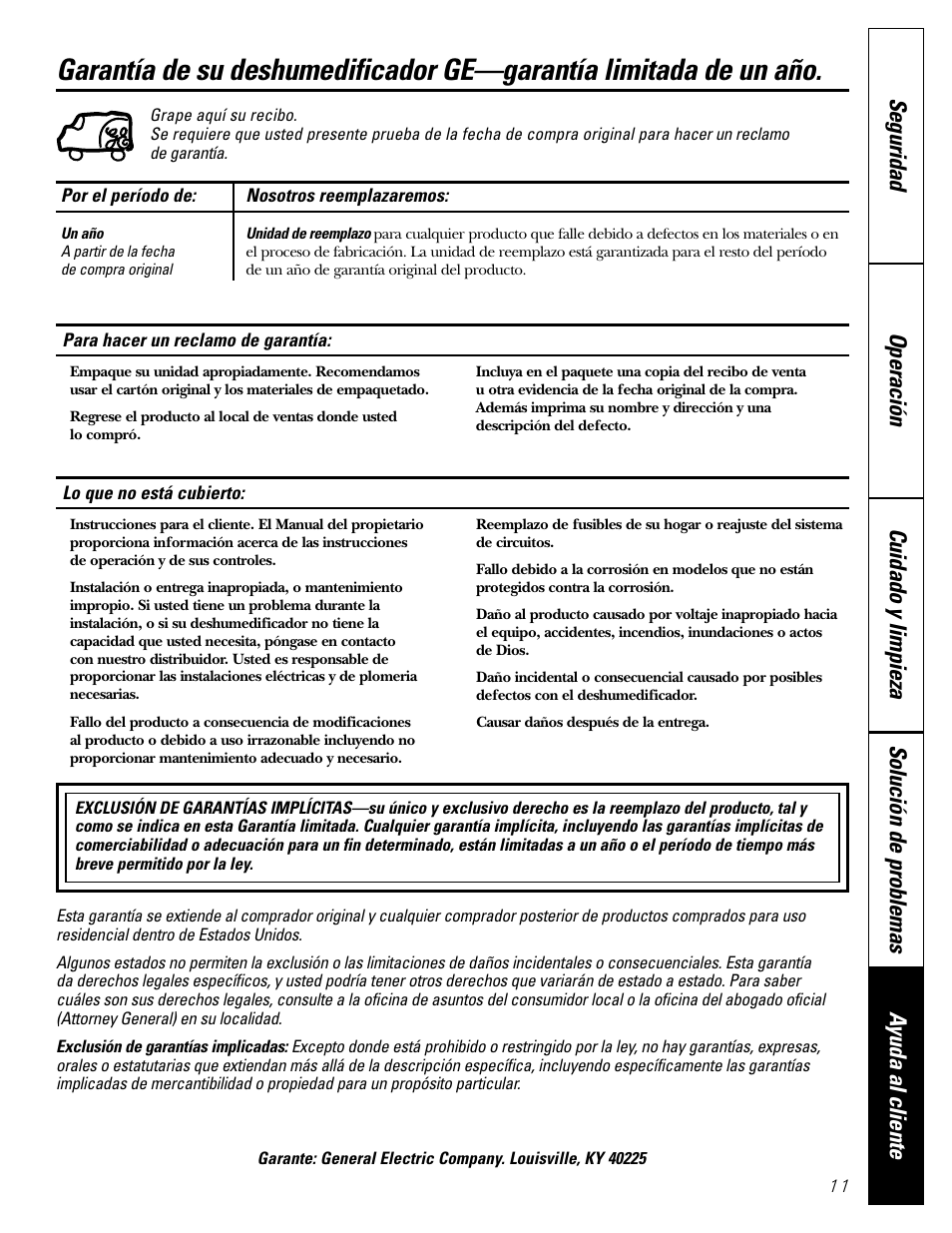 Garantía | GE AHW30 User Manual | Page 23 / 24