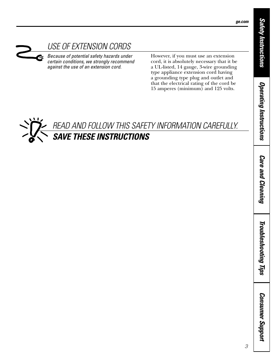 Use of extension cords | GE AHW30 User Manual | Page 3 / 24