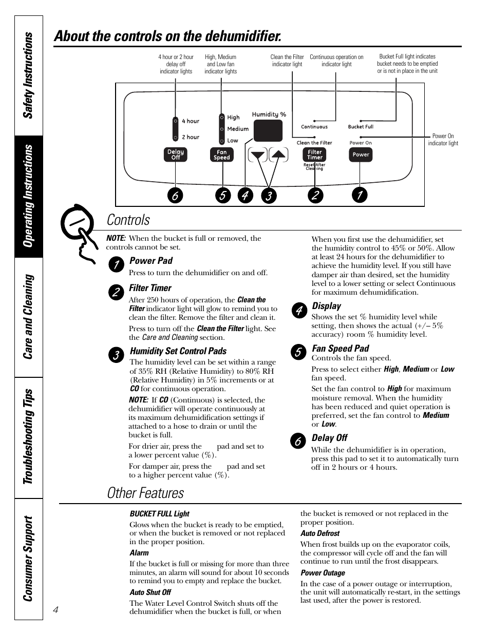 About the controls on the dehumidifier | GE AHW30 User Manual | Page 4 / 24