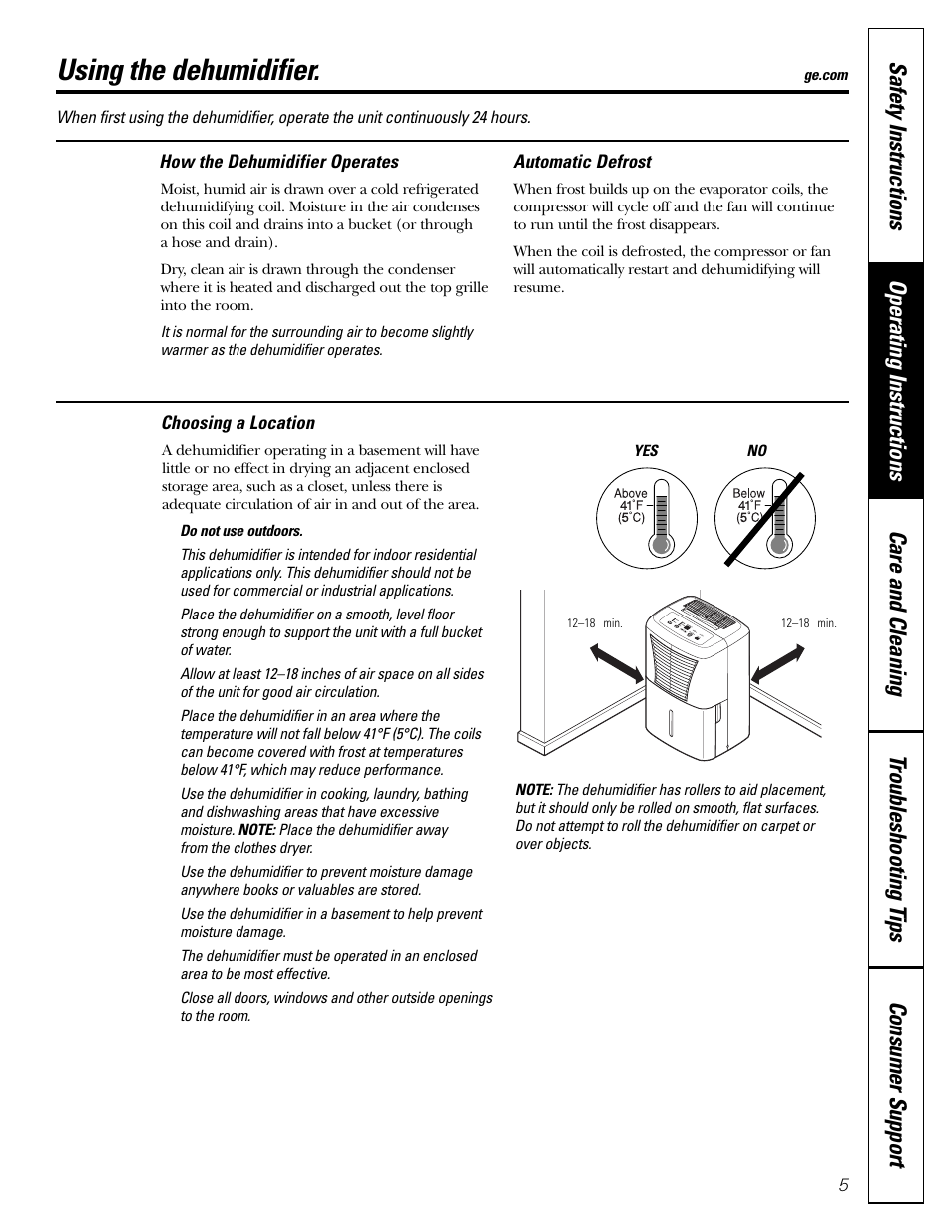 Automatic defrost, Choosing a location, How the dehumidifier operates | Using the dehumidifier | GE AHW30 User Manual | Page 5 / 24