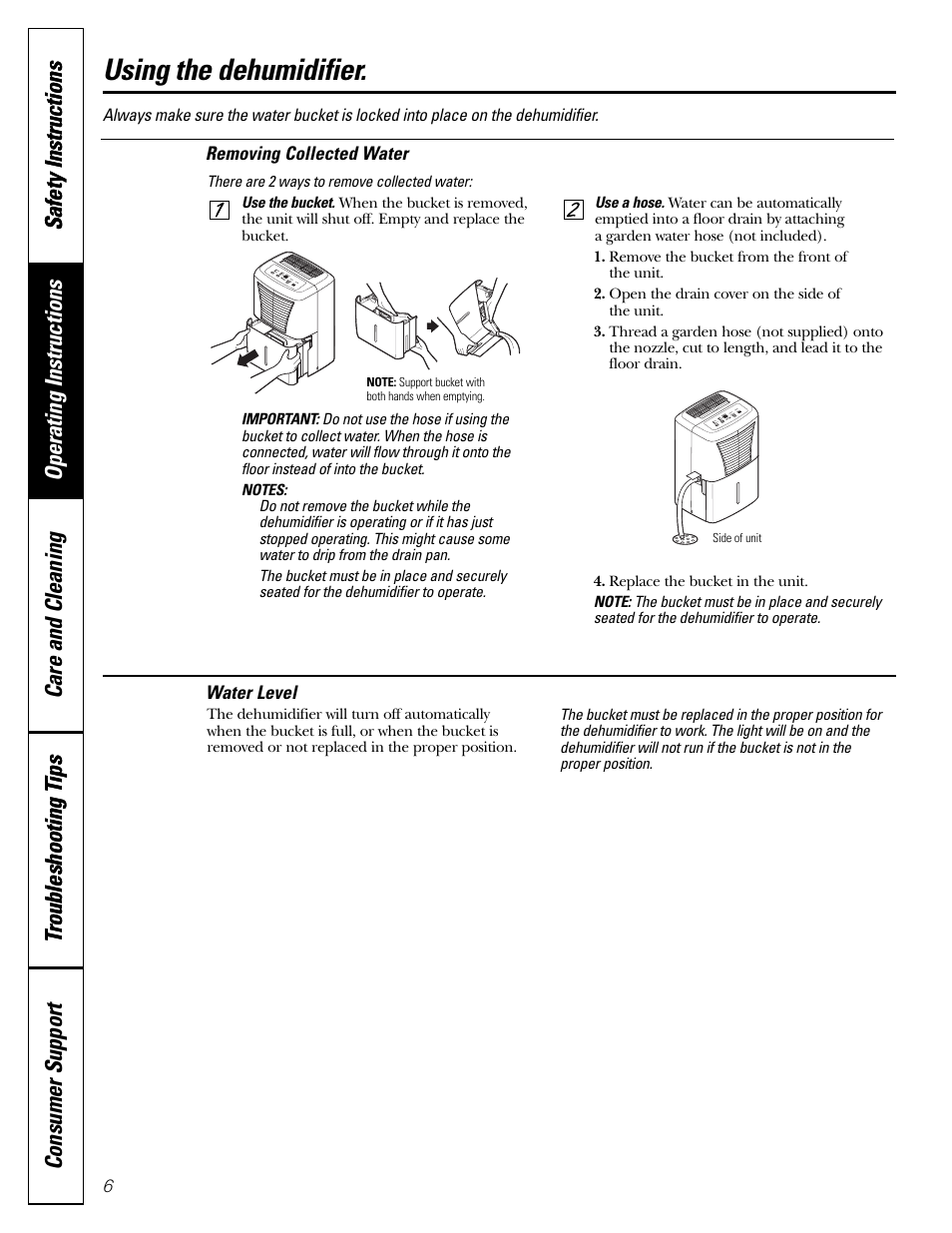 Removing collected water, Water level, Removing collected water water level | Using the dehumidifier | GE AHW30 User Manual | Page 6 / 24