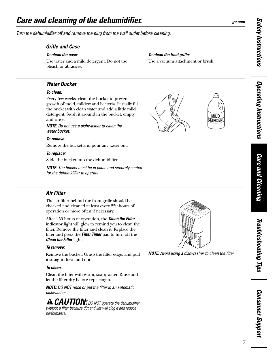 Grille and case, Water bucket, Grille and case water bucket | Care and cleaning of the dehumidifier, Caution | GE AHW30 User Manual | Page 7 / 24
