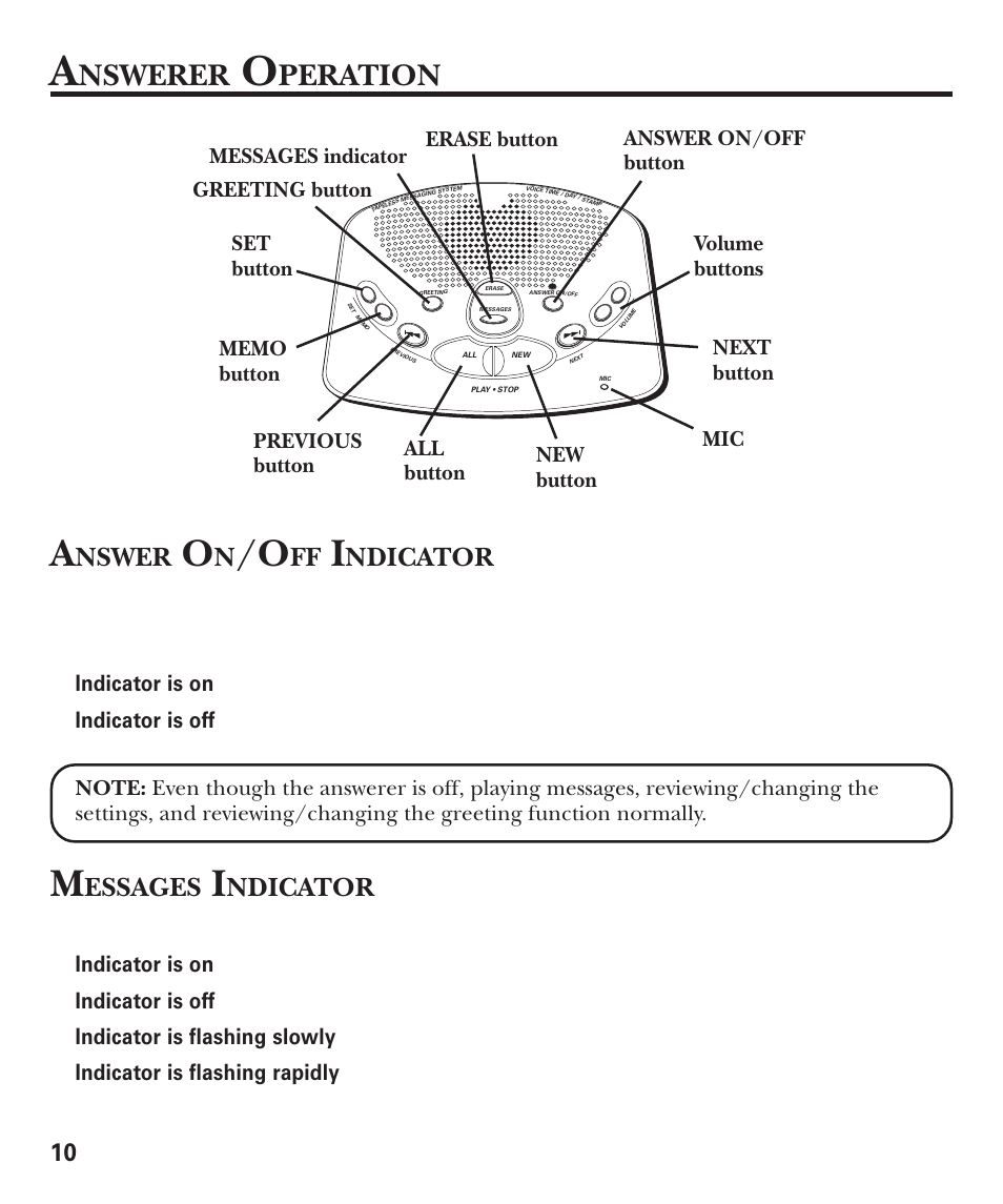 Answerer operation, Answer on/off indicator, Messages indicator | Nswerer, Peration, Nswer, Ndicator, Essages | GE 15380380 User Manual | Page 10 / 20