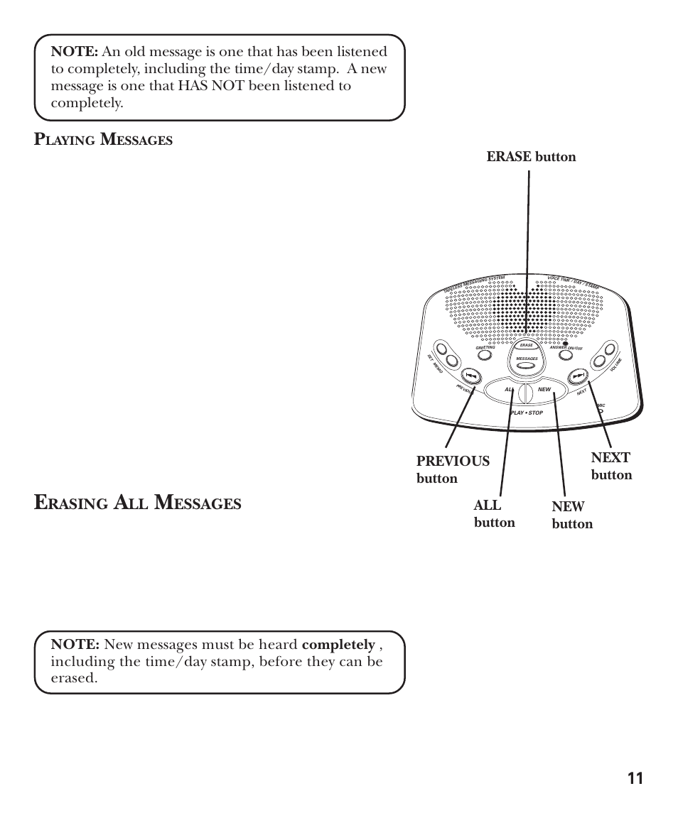 Playing messages, Rasing, Erase button new button all button | Laying, Essages | GE 15380380 User Manual | Page 11 / 20